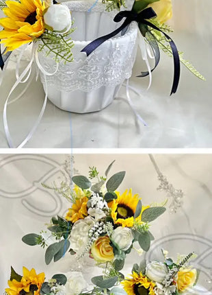 Silk sunflower, rose bouquet - yellow, amber, blue, Ivory round  Bridal flowers image 7