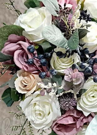 Silk Rose Scottish thistle Bridal Bouquet Wedding Flowers in dusky mauve, Ivory image 7
