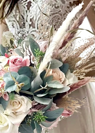 Ivory, Pink Pampas Spray Bouquet, Round Loose Bridal Bouquet Artificial flowers image 7
