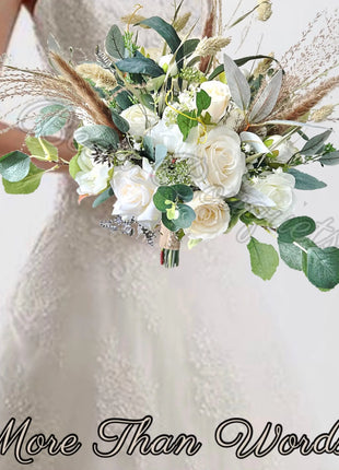 Rose, pampas Spray Bridal Bouquet in Ivory Artificial Wedding Flowers image 0