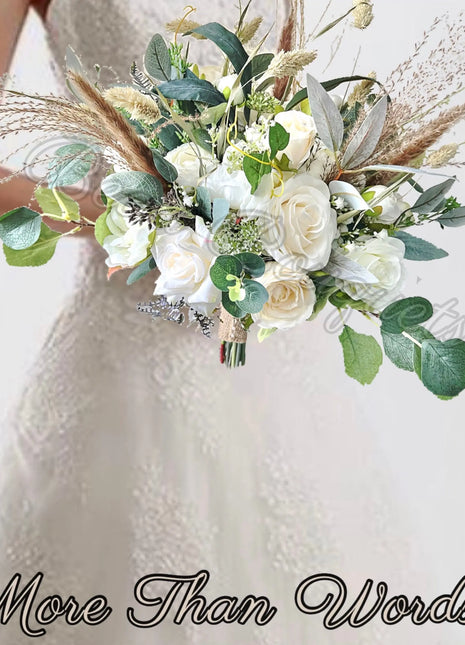 Rose, pampas Spray Bridal Bouquet in Ivory Artificial Wedding Flowers image 0