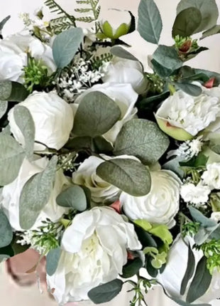 Artificial Roses, Peonies in White Ivory Round Spray Bridal Bouquet Wedding image 1