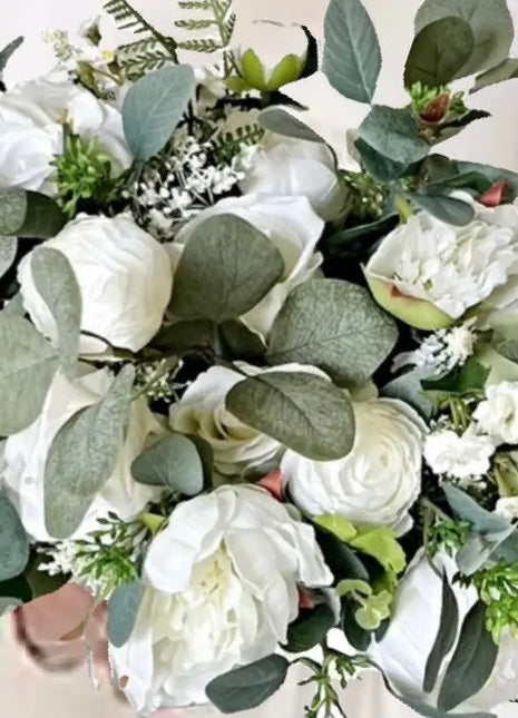 Artificial Roses, Peonies in White Ivory Round Spray Bridal Bouquet Wedding image 1