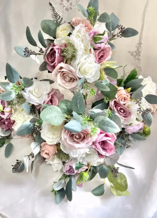 Artificial Silk flower Bridal Bouquet Roses,, Peony flowers -lilac mauve, Ivory image 10