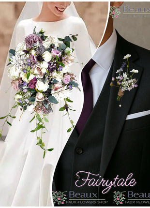 Artificial Silk flower Bridal Bouquet Roses,, Peony flowers -lilac mauve, Ivory image 0