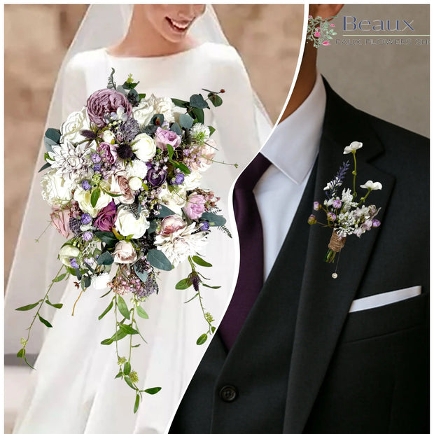 Artificial Silk flower Bridal Bouquet Roses,, Peony flowers -lilac mauve, Ivory image 0