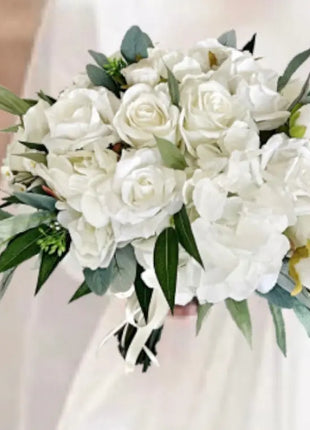 Artificial Roses, Peonies in White Ivory Round Spray Bridal Bouquet | Wedding Fl image 7