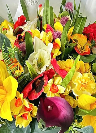 Silk daffodil, poppy  bouquet yellow, red, cerise, Ivory round  Bridal flowers image 10