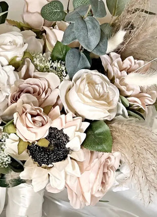 Silk sunflower, Peony, Rose Bridal Bouquet blush, Ivory Wedding Flowers image 4