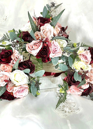 Silk Artificial Rose bouquet, dusky pink, burgundy  round  Bridal flowers image 2