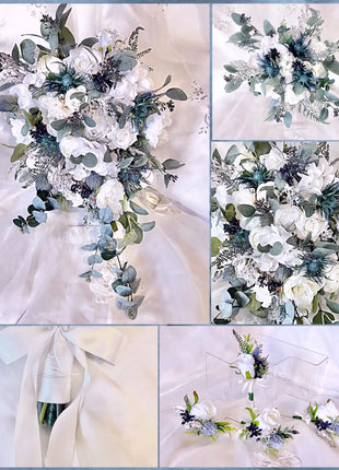Silk Cascade Bridal Bouquet Roses, Peony in  Blue,  navy, Ivory image 8