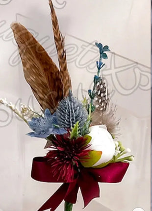 Scottish bridal bouquet with roses pheasant feather, blue ,yellow, red, Ivory image 5