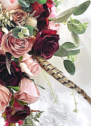 Scottish bridal bouquet, roses pheasant feather, dusky pink, burgundy image 2
