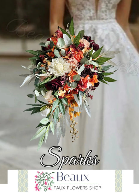 Artificial Wedding Flowers: Orange, Plum & Ivory Teardrop Bridal Bouquet with Ca image 0