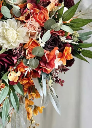 Artificial Wedding Flowers: Orange, Plum & Ivory Teardrop Bridal Bouquet with Ca image 4