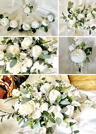 Artificial Rose, Peony in White, Ivory Round Spray silk Bridal Bouquet image 11