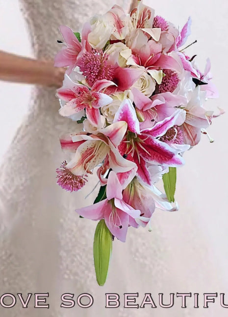 Bridal Cascade Bouquet, Artificial Wedding Flowers in cerise, pale pink, ivory image 0