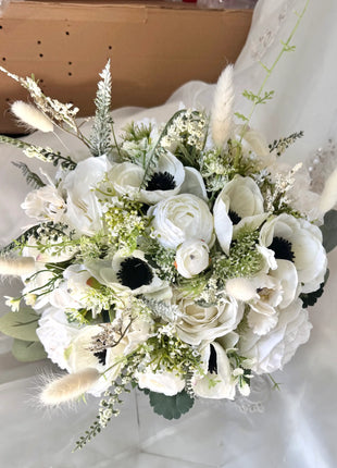 Silk Anemone, Roses in Cream White Ivory Round Spray Bridal Bouquet Wedding Fl image 8