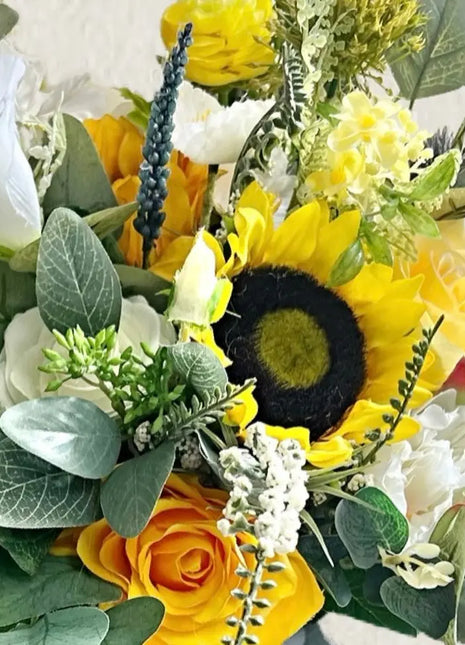 Faux Floral Arrangement in Yellow, White Rose, Sweetpea, Sunflower, Manse Driv image 1