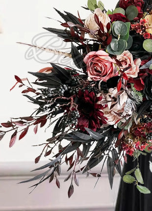 Silk Rose, black bamboo leaf Bride Bouquet Wedding Flowers | black, pink & Ivory image 2