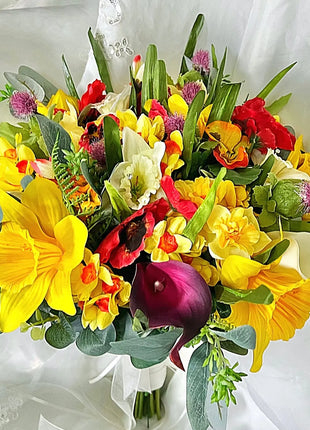 Silk daffodil, poppy  bouquet yellow, red, cerise, Ivory round  Bridal flowers image 3