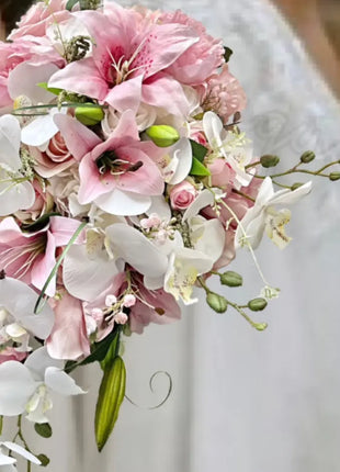 Teardrop Bridal Bouquet, Artificial Wedding Flowers  in cerise, pale Pink, ivory image 7