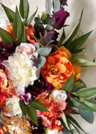 Artificial Wedding Flowers Orange, Plum, Ivory Teardrop Bridal Bouquet with Ca image 7