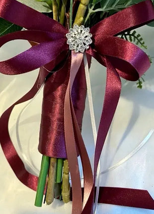 Silk Bridal Wedding Cascade Bouquet in Dusty Pink, Burgundy Pheasant Feathers image 2