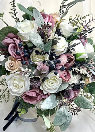 Silk Rose Scottish thistle Bridal Bouquet Wedding Flowers in dusky mauve, Ivory image 5