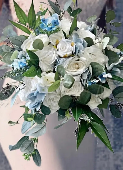 Artificial Wedding peony Flowers Bridal Bouquet in White, Ivory, Blue image 0