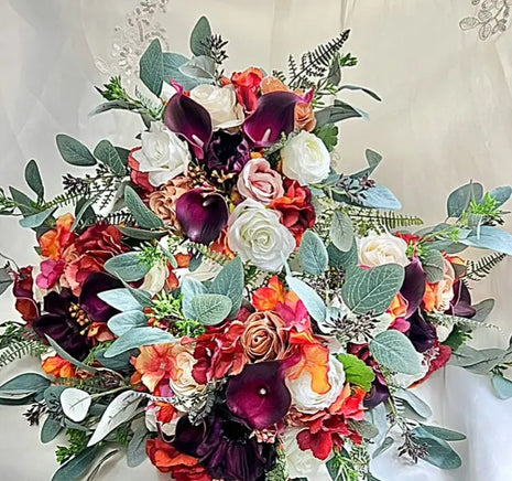 Artificial Wedding Flowers Orange, Plum, Ivory Teardrop Bridal Bouquet with Ca image 1