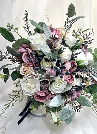 Silk Wedding Flowers in navy, ivory,, Mauve Rose, Thistle Bridal Round Bouquet image 10