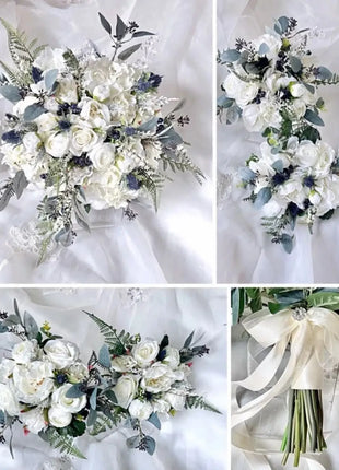 Scottish Bridal bouquet in white, Ivory,  blue with Thistle peony, roses 5pc image 0