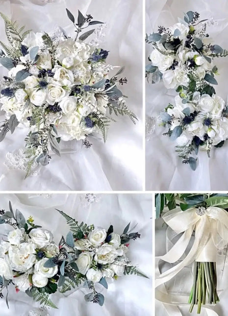 Scottish Bridal bouquet in white, Ivory,  blue with Thistle peony, roses 5pc image 0
